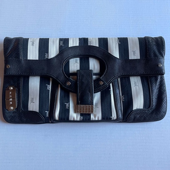 L.A.M.B. Gwen Stefani Black White Silver Stripe Leather Bag Clutch Tote Vintage - Picture 2 of 12